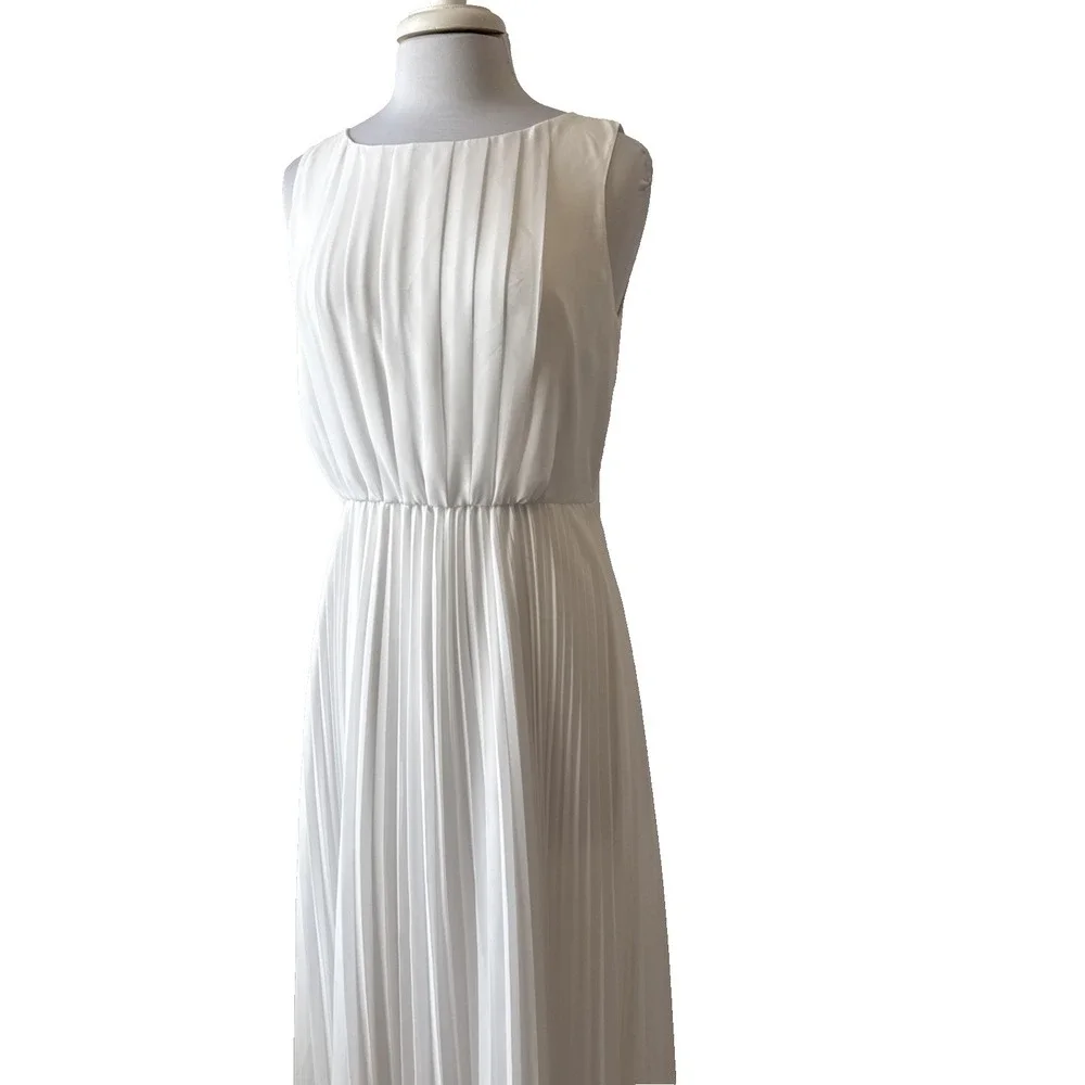 WHBM Old Money Coastal‎ White Pleated Chiffon Maxi Dress 10 Wedding Beach Chic